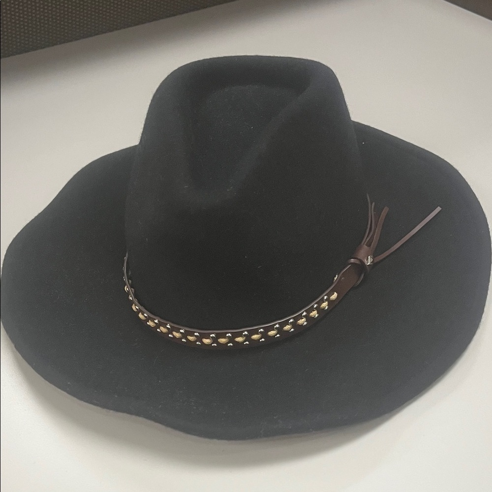 House of Harlow 1960 Black Wool Hat w/ Brown leather band